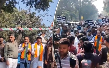 AI समिट हंगामे पर बीजेपी का हल्ला बोल, कांग्रेस दफ्तर के सामने प्रदर्शन